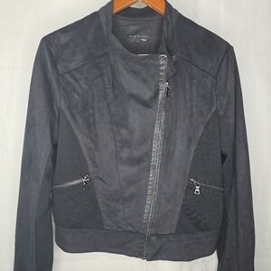 Elie Tahari Moto Jacket Black Faux Suede Mixed Media Edgy Metal Bikercore L
